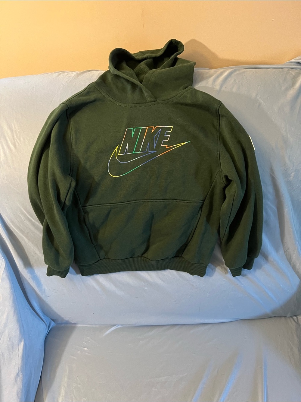 Kids Nike Olive Green Crewneck Hoodie with Rainbow Logo